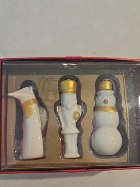 Starbucks White and Gold Holiday Ornament Set - Fox Nutcracker Snowman